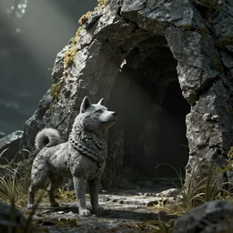 a grey and rough hewn shiba inu statue guarding a draugr tomb, light coming in through cracks, skyrim pc screenshot