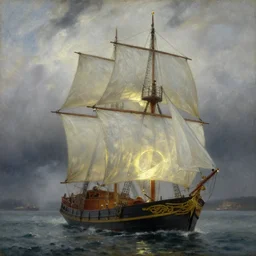 oil painting of boat with translucent sail, backlit ship, details, decorative, art by anders zorn, wonderful masterpiece by greg rutkowski, beautiful cinematic light, american romanticism by greg manchess, creation by tyler edlin, stormclouds and harbour in distant background, foggy