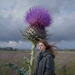 portrait, enormous thistle flower head, a girl wearing coat in field, surreal photography, wind and cold, dramatic sky, impressionist painting, digital painting, artstation, simon stalenhag