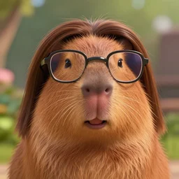 front closeup portrait of the stylish happy furry capibara, lenon glasses, long trimmed hair, fashion editorial photography, cartoon, pixar, disney, lucasfilm, bokeh, photorealistic, highly detailed, extreme details, 5 0 mm, stylized
