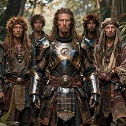 detailed ultrarealistic photography of armored cyberpunk rustic medieval hippie warrior japanese, brom, craig mullins, vallejo, moebius, ian miller, mucha cinematic, full shot