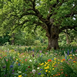 creative lush forest with colorful flowers and a large oak tree. fantasy, hyper detailed, serene