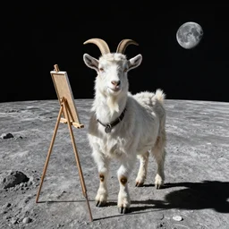 a goat dressed as an artist in space standing on the moon
