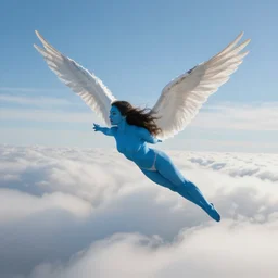 woman with blue skin and wings, full body flying in the clouds