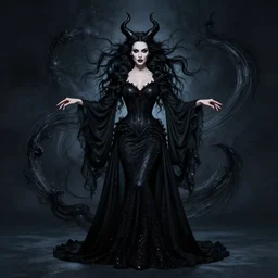 style of hubert robert, rafeal albuquerque : : gorgeous willa holland : : evil witch, swirling black magic, black dress : : symmetrical face, symmetrical eyes : : full body pose : : gorgeous black hair : : magic lighting, low spacial lighting : :