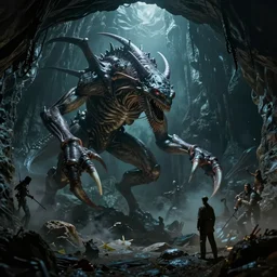 the kraken fighting cthulhu in a dim cave, a lone sentry watches the fight, lovecraftian, by hp lovecraft, by greg rutkowski, by francois launet, by andree wallin, by zdzislaw beksinski, thalassophobia, very detailed, octane render, cinematic lighting, volumetric lighting, 8 5 mm