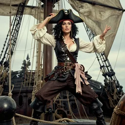 rgb, thin, woman, model, short black curly hair, round face, pirate clothes, on a pirate ship, amazing composition & dynamic posing, by franz xavier leyendecker, wlop! muted colors, highly detailed, fantasy art by craig mullins, thomas kinkade cfg _ scale 9