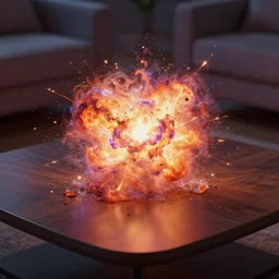 miniature supernova explosion on the coffee table, vfx, smooth, vibrant, illuminative lighting, debris spread, smooth, fine,