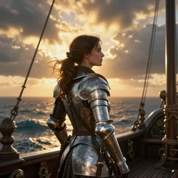 portrait of a ship on the sea with a medieval woman ship pilot from behind, dramatic golden sunset with storm clouds, wearing shiny breastplate, octane render, dynamic lighting, hyperrealistic, artstation