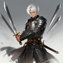 A character splash art of a medieval soldier wielding two swords by by cho youngjae and _ MOOWM _ , white hair, young man, trending on artstation 4k, unreal engine,