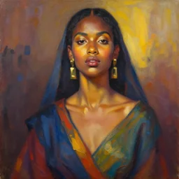 portrait in daring femininity, ethnic, statuesque, confident face, warm glow, bathed in morning light, captured memory, painterly, radiosity, impressionism, vibrant color scheme, modern fashion, contemporary art, deep rich hues, oil on canvas
