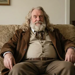 cozy wide picture of older handsome lord richard is sitting gracefully on a sofa, his eyes look wise, happy wise. he has bouncy belly, oh he is a human by the way