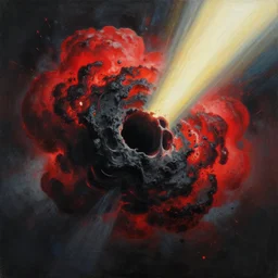 the soul leaving an exploding black hole singularity, painting by kupka and mc escher, sharp focus, very detailed, maximalism, ambient occlusion, volumetric light, sun beam, hyper realism, futuristic red shading, cinematic composition