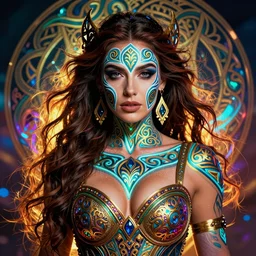 colorful portrait of the beautiful celtic queen with sexy neckline and with traditional celtic face painting in the style of anna dittmann and in the style of wayne barlowe. glowing, ornate and intricate, stunning, dynamic lighting, intricate and detailed.