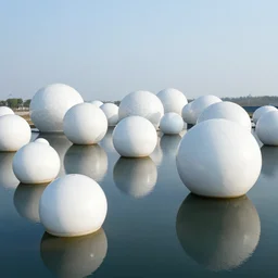 many buildings with white spherical cell division, on the calm water, designed by antti lovag