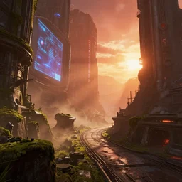 an ancient ruin covered in moss of a sprawling futuristic city street inside a space station, ilm, beeple, star citizen halo, mass effect, 2001 space odyssey, elysium, iron smelting pits, huge holograms, warm saturated colours, atmospheric perspective, dramatic sunset, volumetric light scattering, dustlight, god rays, dust