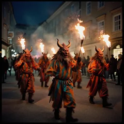 kodak portra 4 0 0, award winning dynamic photograph of a bunch of hazardous krampus by robert capas, in muted colours, striped orange and teal, motion blur, on a street in salzburg at night with colourful pyro fire and torches