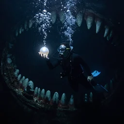 diver in a dark cave underwater, painting, cosmic, haunted, cave like teeth, bubbles, scary, reaching for glowing Pearl, darkness closing in on him, shadows like teeth, shadows, 4k,