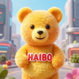 portrait of haribo bear in future city, color and shape focus, cnetral composition, natural light, bloom, puff, by simon stalenhag and
