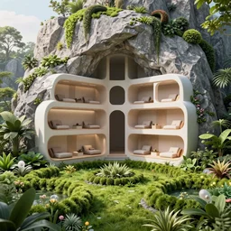secret overwatch living quarters carved inside a mountain surrounding a lush garden, trimmed, magical, natural light, fantasy, minimalist architecture, sharp focus, concept art, by greg rutkowski and craig mullins, atmospheric, octane render