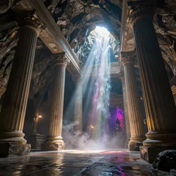 a fantasy dwarven hall interior in the style of a waterfall cave, huge Greek columns, wet floors, high ceiling, dark moody lighting, foggy atmosphere, god rays, bright colors, photo by Denis Villeneuve, low angle view