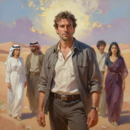 frank grillo is a private detective on an arabian adventure, an ultrafine detailed painting, ethereal, colorful, digital painting by james jean, viktoria gavrilenko, sana takeda, yukito kishiro, sharp brush, soft color, landscape painting by greg rutkowski, peter mohrbacher, john harris