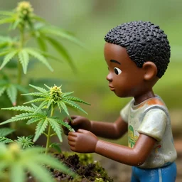 wide - angle profile face portrait of a tin toy of black boy farming marijuana, nicoletta ceccoli, mark ryden, lostfish, max fleischer, alan bean, hyper realistic, artstation, illustration, lowbrow, surreal, digital paint, matte paint, vivid colors, bright, cheerful, detailed and intricate environment