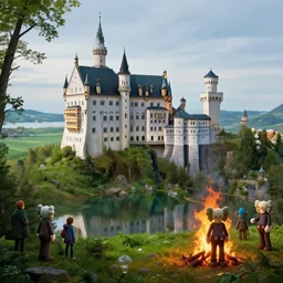 beautiful illustration of a big castle in a serene landscape and a beautiful lake, fire, by albert bierstadt, green grass, highly detailed, crystal lighting, mystical, forest, hyperrealistic, 4 k, unreal engine, magical, by joe fenton, by greg rutkowski, by greg tocchini, by kaws, by kate beaton, by kaethe butcher