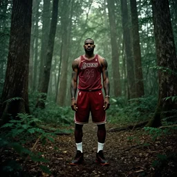 lebron james in the black lodge of twin peaks, film grain, wide shot, photorealism
