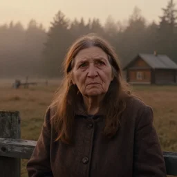 close up portrait bust of old woman sitting on fence, tired expression, faded color film, russian cinema, tarkovsky, technicolor, heavy forest, wood cabin in distance, shallow depth of field, long brown hair, old clothing, heavy fog, brown color palette, sunset, low light, hudson river school, 4 k, dramatic lighting
