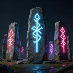 druid cyberpunk stonehenge, druid monuments, druid symbols, druid architecture, druid stones, neon billboards, neon lights, photorealistic, vfx, elegant, ultra sharp lines, 4 k, unreal engine 5, octane render, extreme contrast