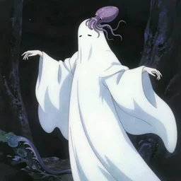 an anime by yuji ikehata, of an ethereal ghostly wraith like figure with a squid like parasite latched onto its head and long tentacle arms that flow lazily but gracefully at its sides like a bat like cloak, anime, vhs, grainy, cartoon anime
