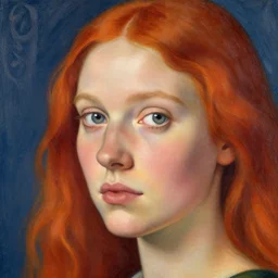 woman, very pretty girl, red hair, painting, style of old scandinavian art, blue / gray eyes, young, half face.