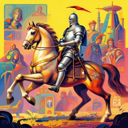 sunny colorful futuristic matte concept art of the horseman of war by gustave dore and jeffrey smith and greg rutkowski and wlop, bold colors, detailed, cinematic, artstation, 4 k, intricate, rule of thirds