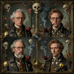 matte symmetrical portrait of steampunk professor of quantum nclear mechanics. he wears glasses and smokes a pipe. a surrealist interior mental soulscape by hieronymus bosch, cyril rolando, esher and natalie shau, whimsical, profound, impossible. trending on devaintart.