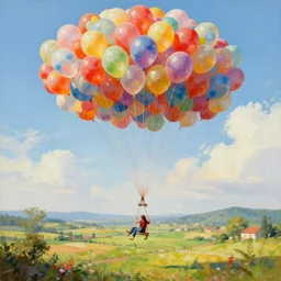 large colorful balloons with people on rope swings underneath, flying high over the beautiful countryside landscape, professional painting, realistic, detailed, digital art, unreal engine