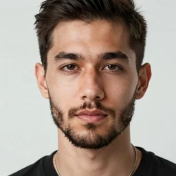 A picture of a mixed Japanese  European male model with a sharp beard and a great jawline