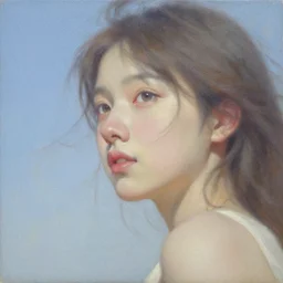 a girl walks across the sky, wonderful eyes, her loose hair, delicate, intricate details, a real masterpiece, oil on canvas, author li zhang