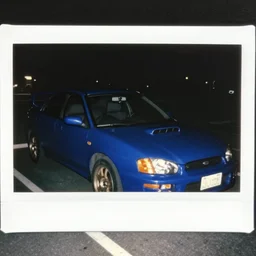 retro 90s 97’ film photo harsh flash. Night time dark dimly lit parking lot. 1996 blue WRX front side view. ((Polaroid)) harshflash