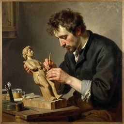 gorgeous male whittling a wooden figure, alsace, painting by gaston bussiere, craig mullins, j. c. leyendecker