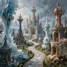 an epic elegant mysterious beguiling masterpiece fantasy matte painting of an impossible path winding through arctic dream worlds with surreal architecture designed by heironymous bosch, structures inspired by heironymous bosch's garden of earthly delights, surreal ice interiors by cyril rolando and asher durand and natalie shau, insanely detailed, whimsical, intricate, sharp focus, elite