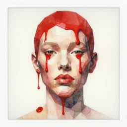 watercolor low poly, a liquid red portrait of a face melt down flow go runny, face painted with red thick fluid by marlene dumas, low poly, realistic detailed watercolor polaroid, grainy image, contrast
