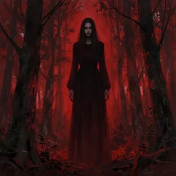 “ tall figure in the woods, beksinski, dark, scary, red ”