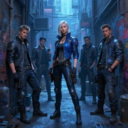 hyperrealistic matte painting of a cyberpunk gang in an alleyway between buildings, graffiti, fine detail, intricate, polished, smooth, ultradetailed, blue color scheme, digital art, illustration, impressionist, by john smith and george luks