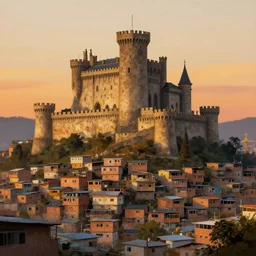 Huge enormous towering medieval castle surrounded by poorly constructed favela slum houses on top op a hill during sunset stylized painting