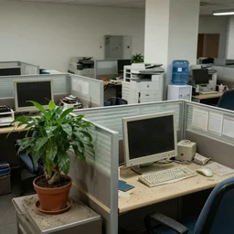 photography of a cheap dusty boring office interior, cubicle landscape, a potted plant, desks and old computers, copy machines and water coolers in the background
