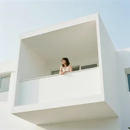 a still of a young woman looking out from a huge white balcony of a minimalist house, outside view, low angle, clear sky, minimalist composition, in the music video Wrapped Around your Finger (1983)