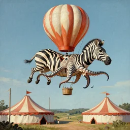 zebra flying in octopus shaped hot air balloon flying over circus tent, lowbrow, matte painting in the style of alexander jansson,
