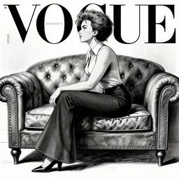 scarlett johansson afro samurai anime style, wearing 1 9 7 0 s bellbottoms clothing, black and white, full body profile, sitting on vintage leather sofa, vogue cover, dramatic lighting, pencil and ink
