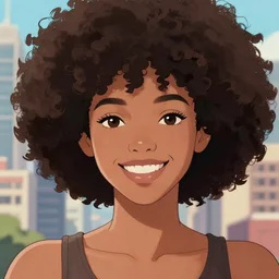 a beautiful woman with Beautiful smile and afro hair , dark brown hair and tan skin, dark brown eyes, city landscape, 4k, anime key visual, lois van baarle, ilya kuvshinov, rossdraws, artstation